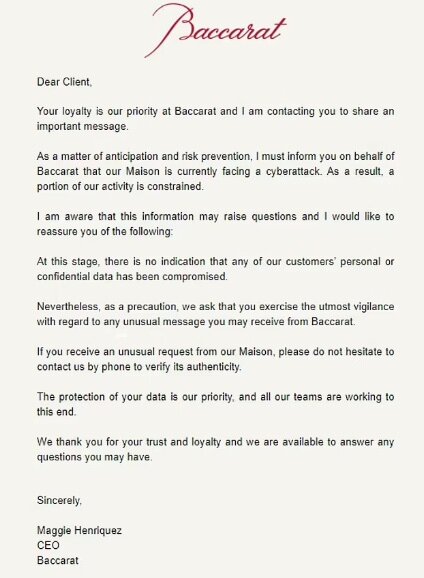 Sent at 4:16pm Tuesday, the statement from the boss of the preeminent crystal factory, Maggie Henriquez, warns customers who pay for the pricey cut glass to watch out for rogue emails 