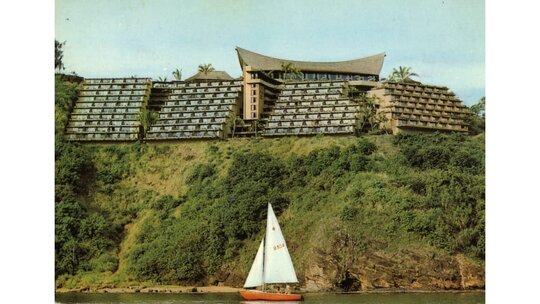 Sometimes photographing the exterior of the hotels was a challenge, as when deZanger captured this shot of the Tahara'a InterContinental in Pape'éte, Tahiti, in French Polynesia, from a small airplane with the door removed and no seatbelt.