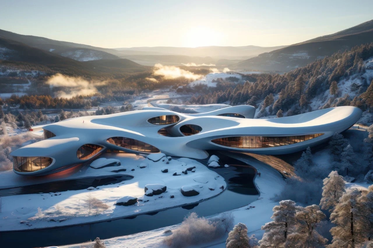 AI Concept: THIS NORDIC HOTEL’S ARCHITECTURE BLENDS BEAUTIFULLY INTO THE ORGANIC SNOW-CAPPED MOUNTAIN SLOPES
